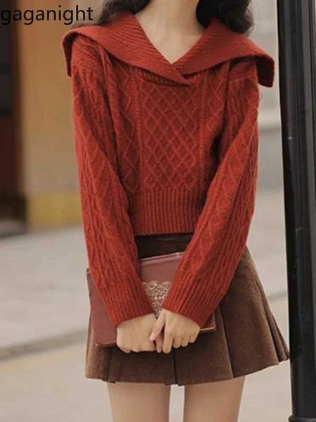 Women&#039;s Knits Tees Gaganight Women Navy Collar Retro Japanese Christmas Red Sweater 2024 Women Autumn Winter New Lingge Short Knitted T