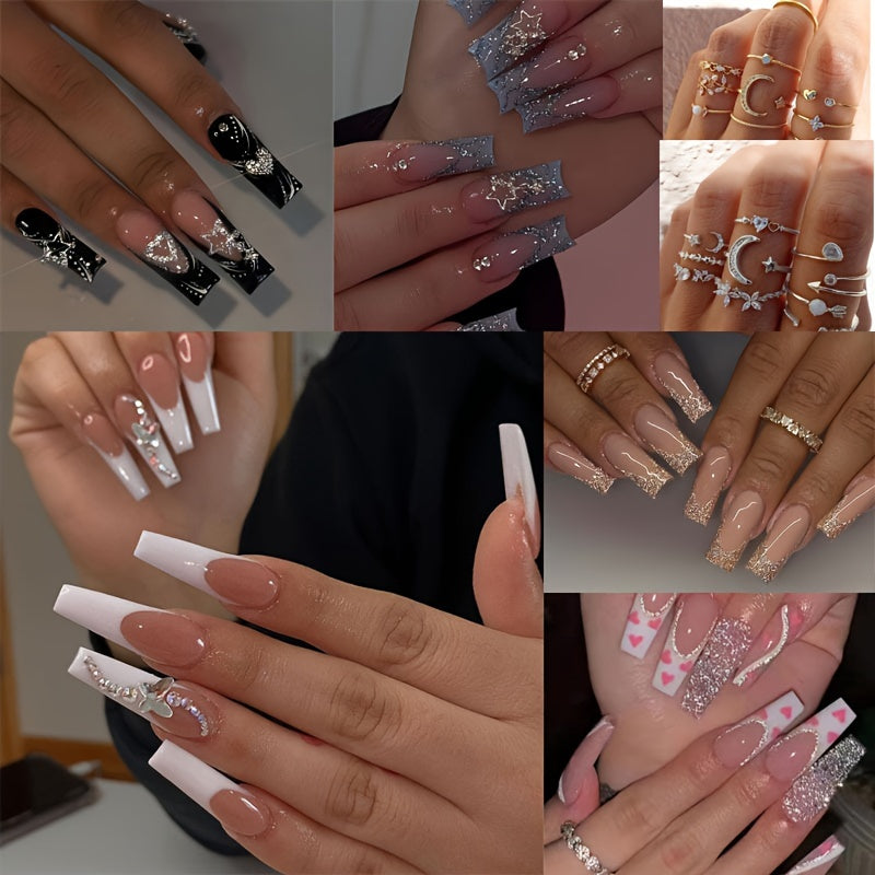 TEMU 5 Packs (120 Pcs) Long Coffin Press On Nails + 20pcs Ring Set French Tip False Nails With3d Flower And Cute , Mixed Glossy Fake Nailsset With