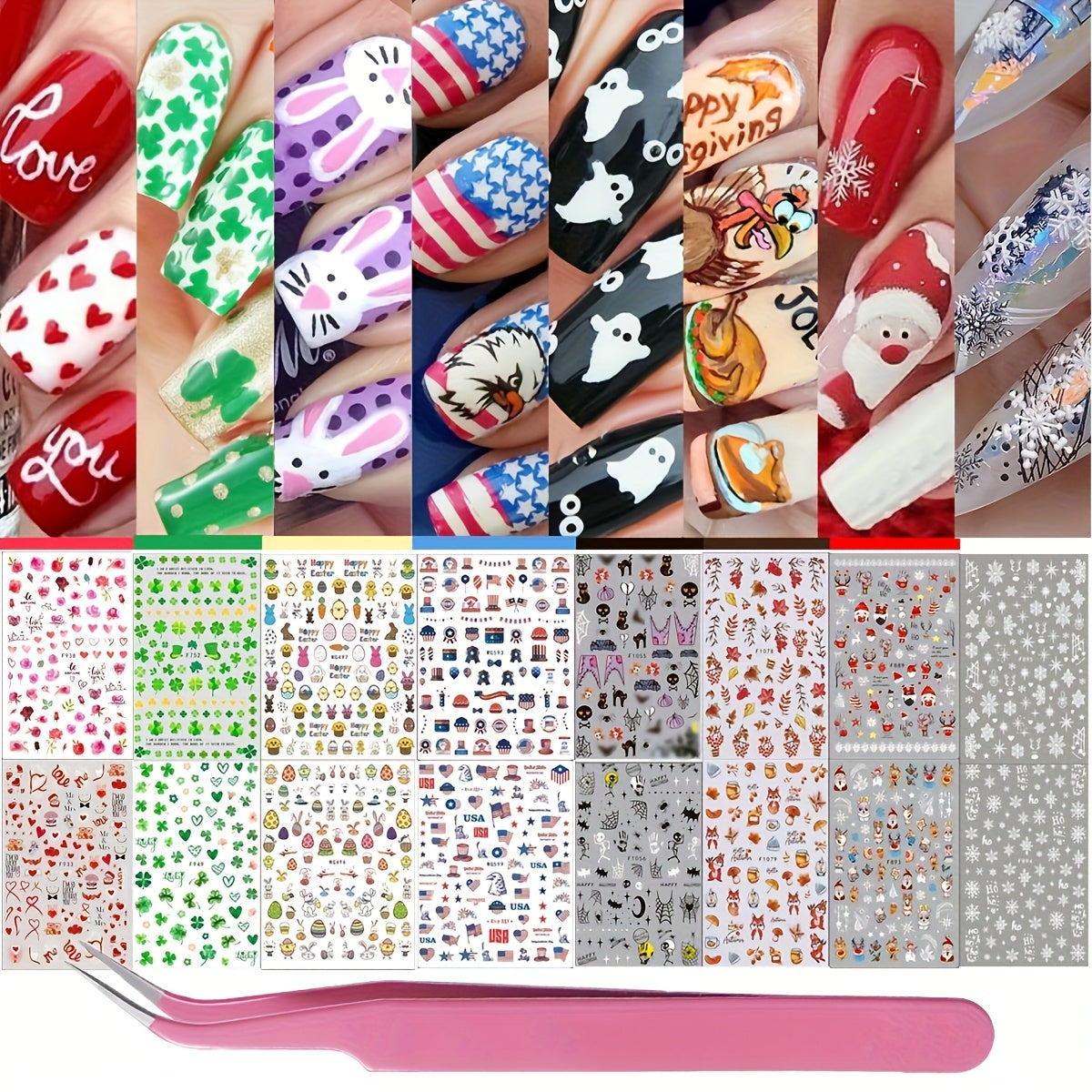 TEMU 16 Sheets 7 Holiday Nail Art Stickers, Season Nail Decals For All Year With Tweezers, 3d Self-adhesive Nail Decoration - With Easter Halloween