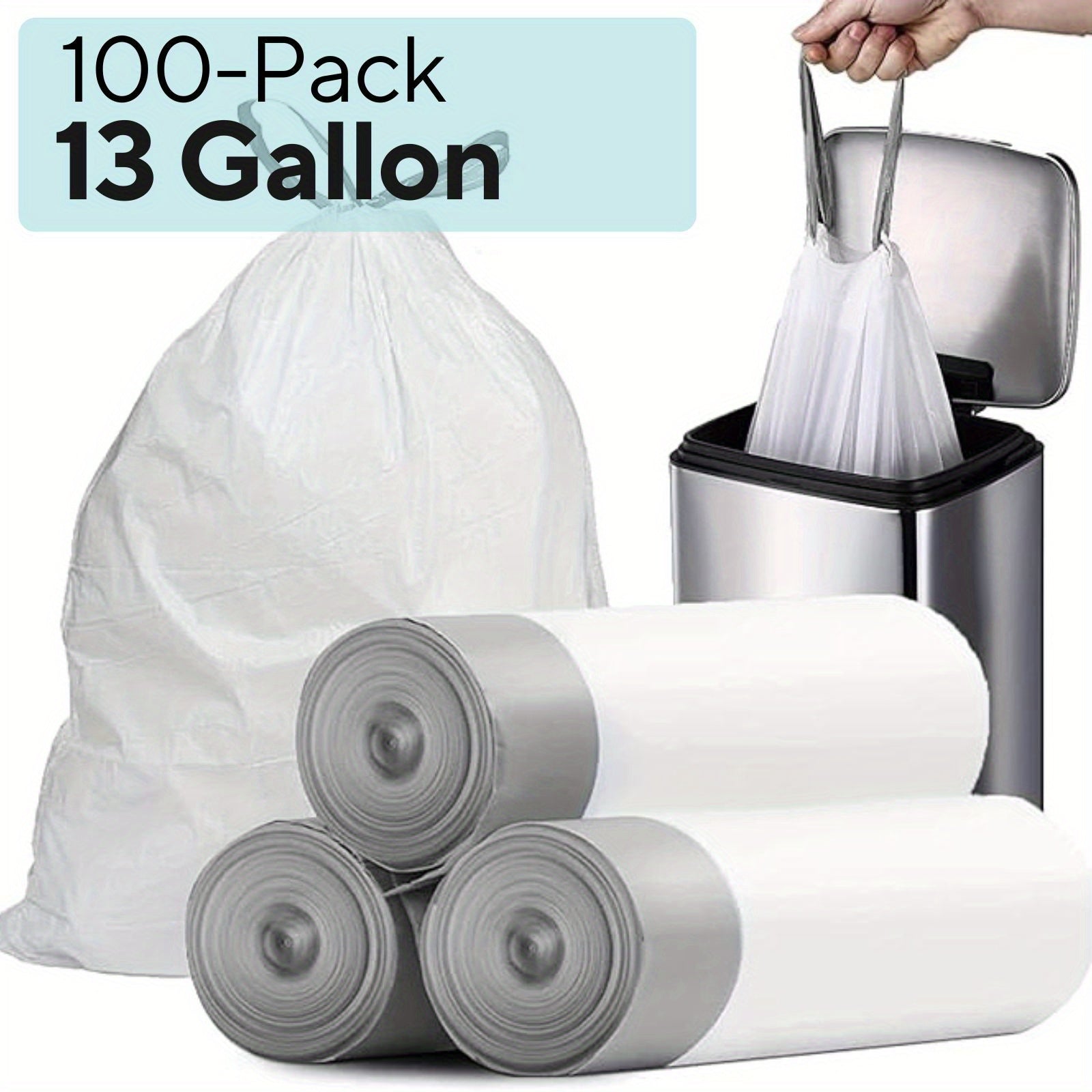 TEMU 100-pack Heavy Duty 8- 13 Gal Drawstring Trash Bags - Leak-proof Commercial-grade Garbage Liners For Restaurants, Offices & High-traffic Areas -