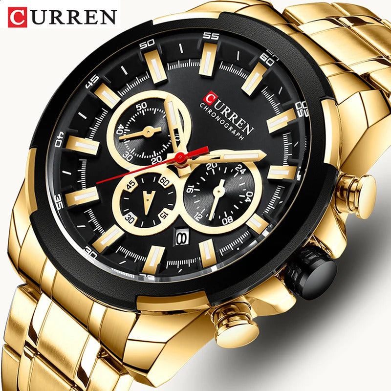 CURREN Mens Watches Top Big Sport Watch Men Military Steel Quartz Wrist Chronograph Gold n Male Clock 240919