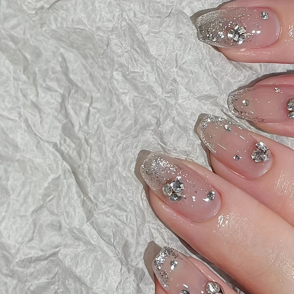 TEMU 24 Pcs Pink Gradient Glossy Short Coffin Press-on Nails With Rhinestones, Shiny Artificial Reusable False Nails Set