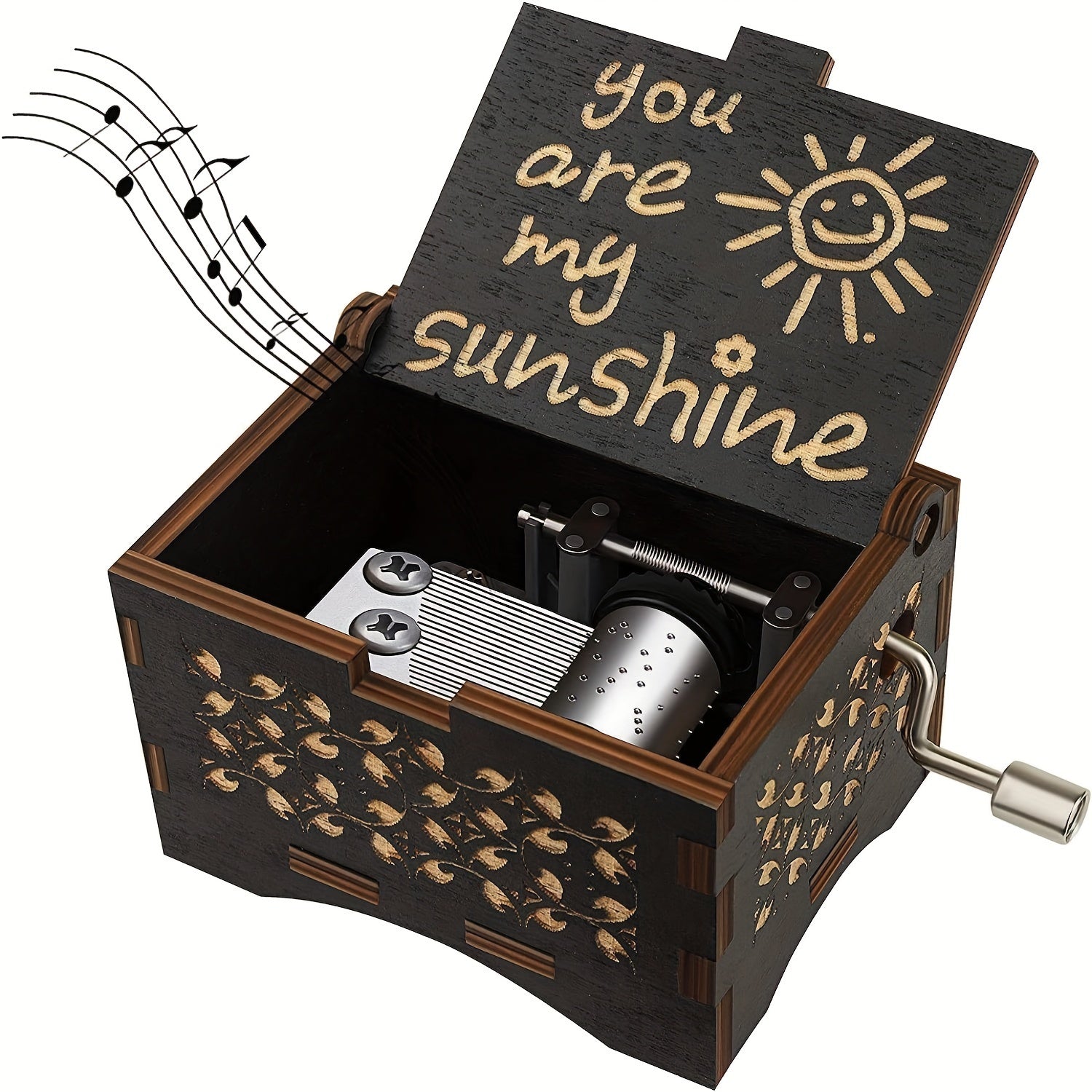 TEMU 1pc Vintage Handcrafted Wooden Music Box - "you Are My Sunshine" Engraved, Hand-cranked, Desk-sized - Ideal For Mom, Birthdays, Anniversaries,