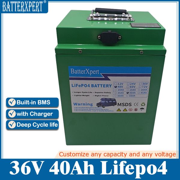 Lifepo4 36V 40Ah Rechargeable Lithium Battery Pack with BMS 12S for 36V Scooter Bike Tricycle Solar Backup Power +5A Charger