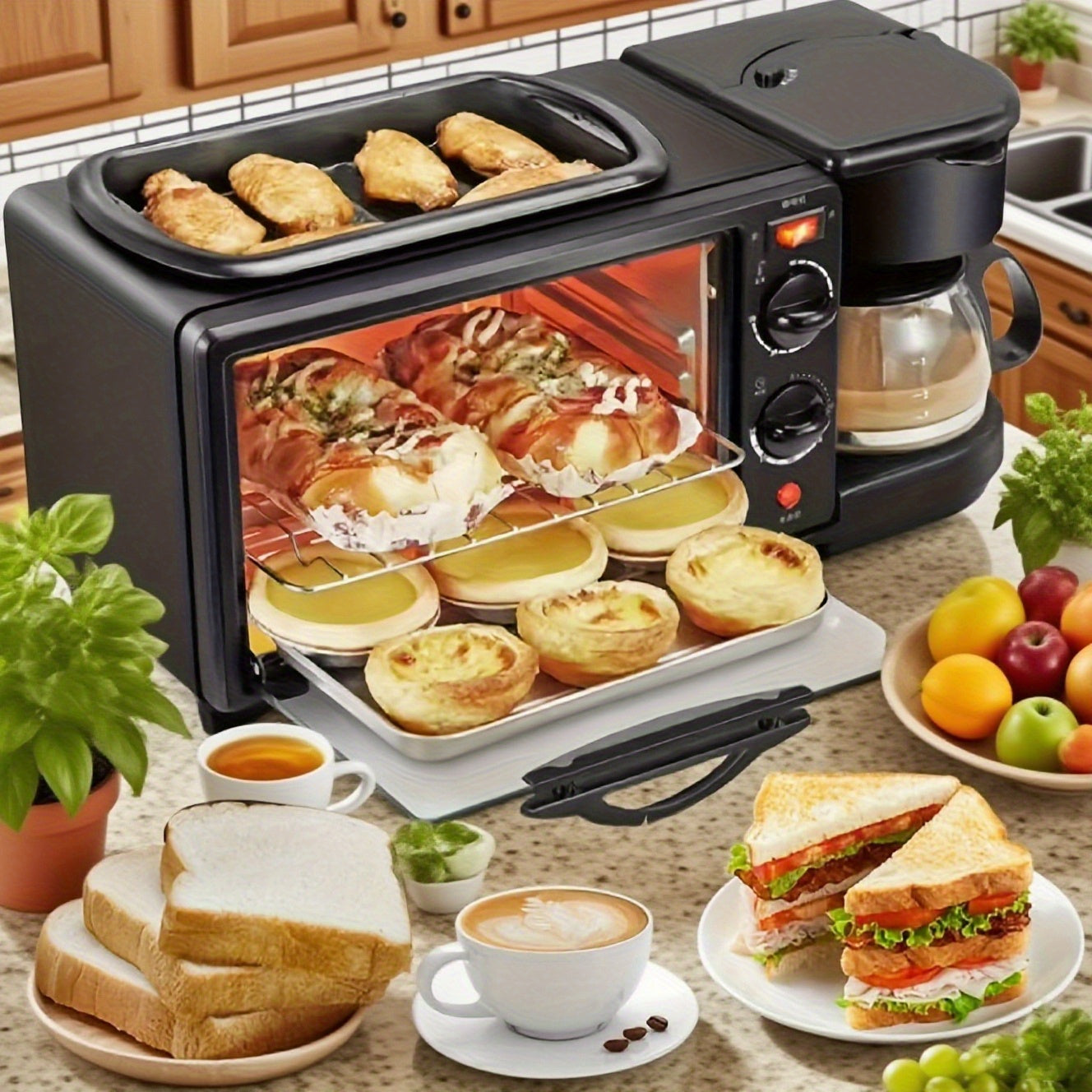 TEMU 3-in-1 With Coffee Maker, Toaster & Egg Cooker - Stainless Steel Compact Multifunctional Appliance With Auto Timer, Portable Design For Small