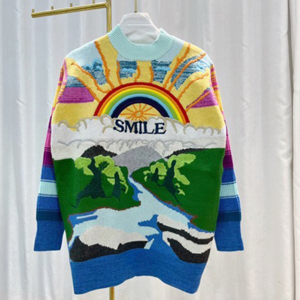 Embroidered Rainbow Knit Sweater for Women Oversized Mid-Length Top with Distinctive Style women sweater holidays gift