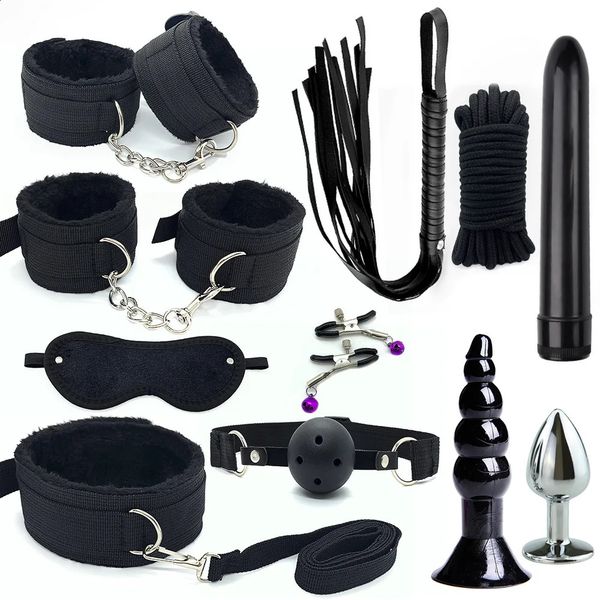 Erotic Toys Kits Handcuffs Eye Mask Whip Mouth Ball Nipple Clamp Rope Anal Plug Toy 241018