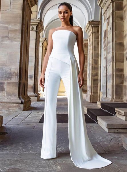2025 Strapless Crepe Wedding Dress With Train Sleeveless or Length Bridal Party Gowns Maxi Jumpsuit Robe de Soiree for Women Vestido De Noiv