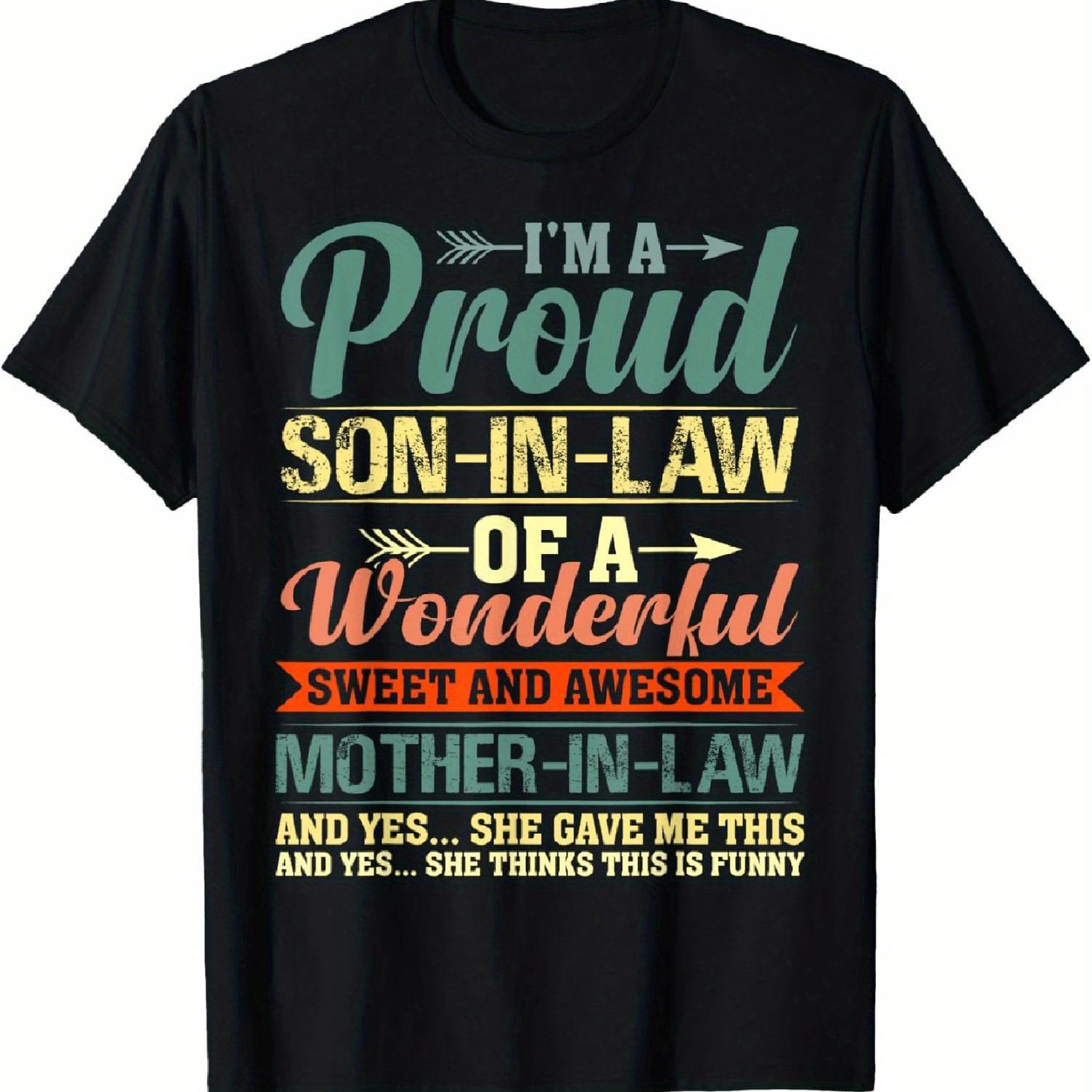 TEMU " Son-in-law" Funny Gift T-shirt - Humorous Son-in-law Apparel From Mother-in-law, Vibrant Print On Black Cotton, Short Sleeve Crew Neck, Glossy