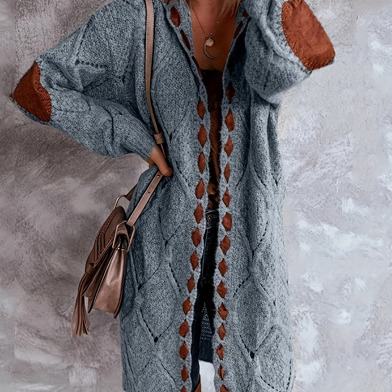 TEMU Women Cardigan Hooded Sweater Long Sleeve Knit Coat Outwear With Rhombus Lattice