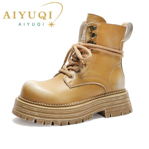 Platform AIYUQI 2024 New Autumn Genuine Leather Fashion Retro Women Ankle British Style Women&#039;s Biker Boots db04 &#039;s