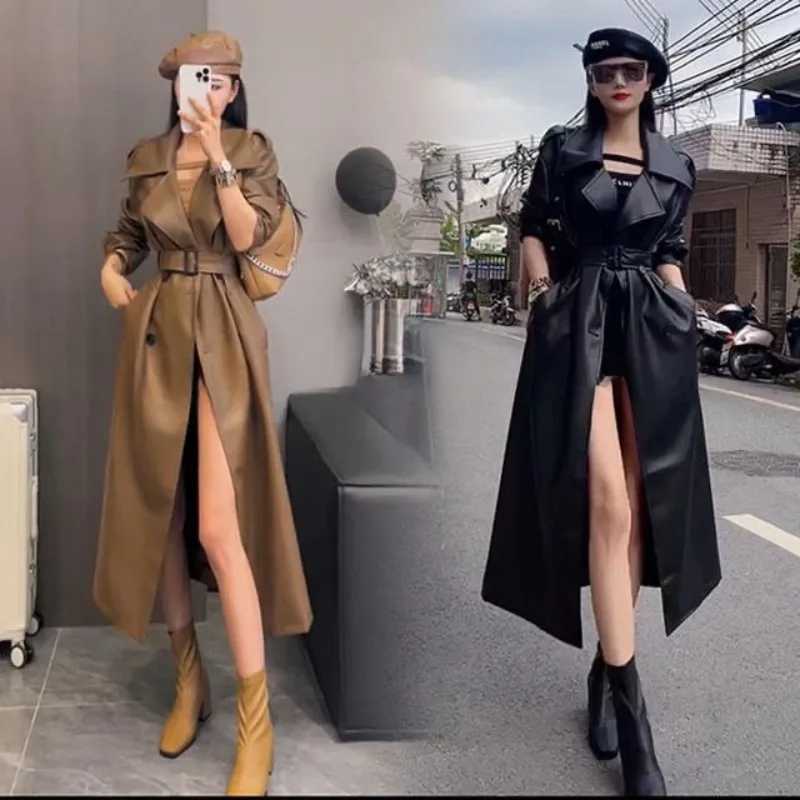 Autumn Elegant Belted Trench Coats Women PU Leather Jacket Long Windbreaker Vintage Waterproof Jackets Spring Fashion OuterwearX240921