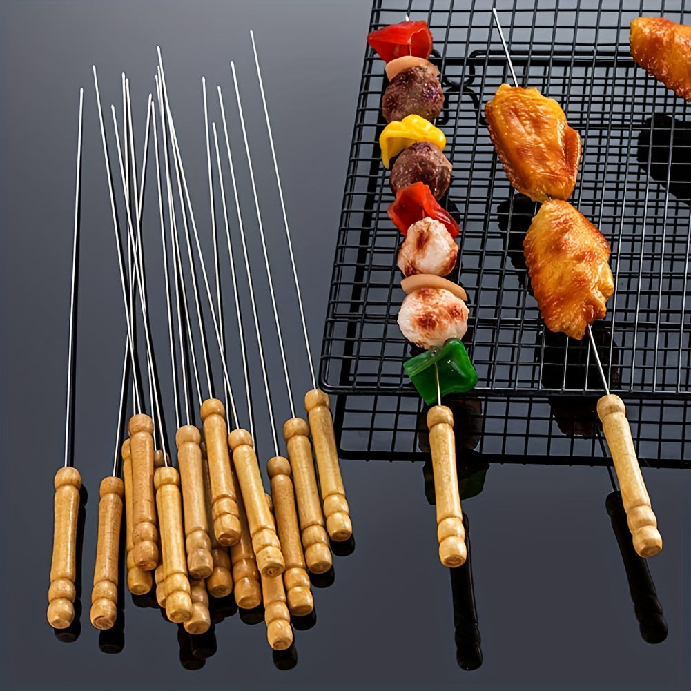 TEMU 12pcs Barbecue Skewers With Wood Handle Marshmallow Roasting Sticks Meat Hot Dog Fork Best For Bbq Camping Cookware Campfire Grill Cooking,