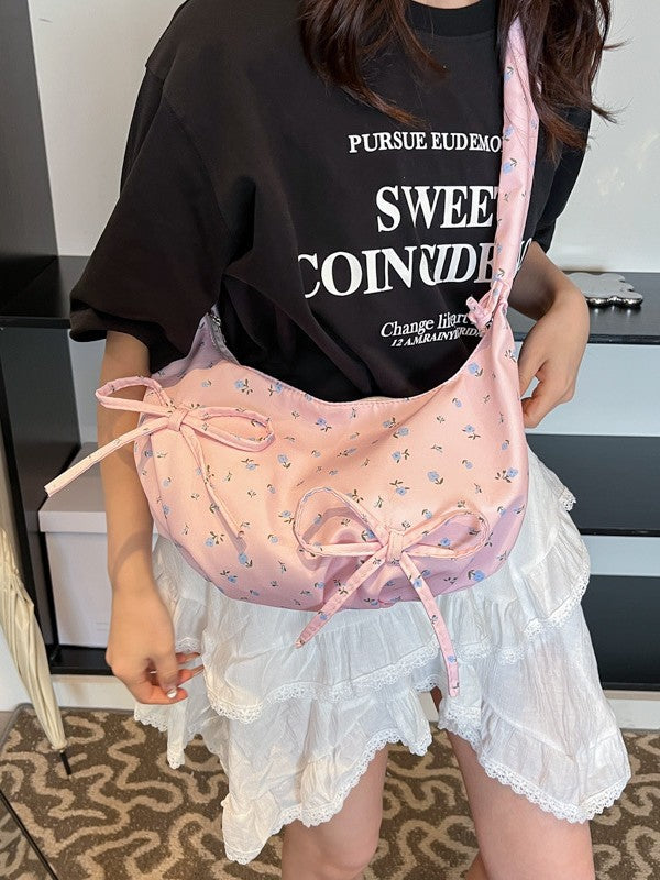 F139-Mirror quality bow canvas bag women 2025 new summer cute floral handbag