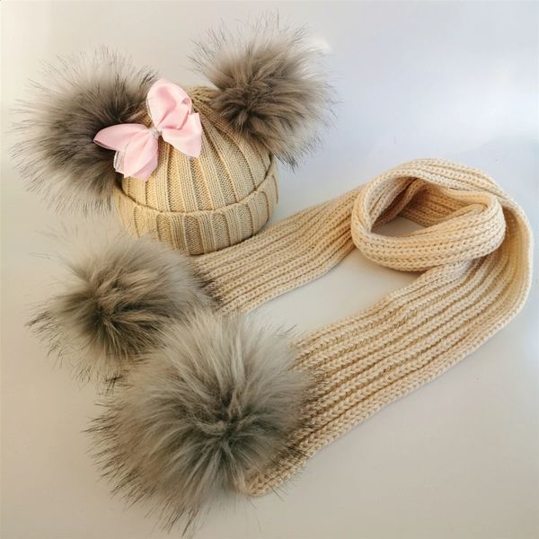 Winter children toddlers infants faux fur butterfly straps hats and bunnies with two double pom poms scarf girl ear caps 240