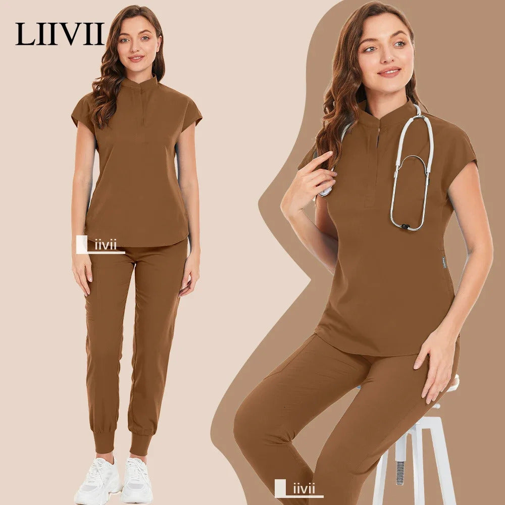 Brown Beauty Workwear Women Nurses Uniform Scrubs Set Spa Tops Pants Clinic Carer Nursing Uniforms Jogger Suits 240527