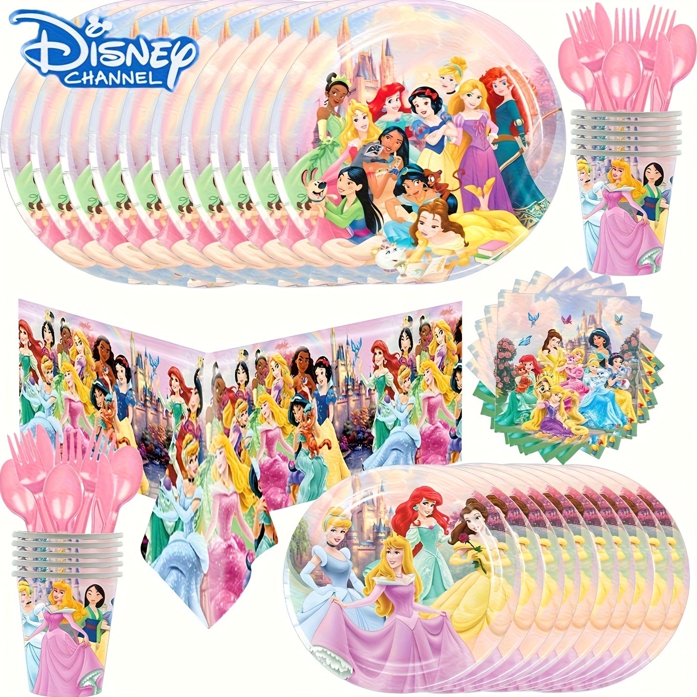 TEMU Party Decoration: Princess 10 Person Party Set (10 7-inch Plates+10 9-inch Plates+10 * Knives, Forks, Spoons+10 Paper Cups+tablecloth 108 *