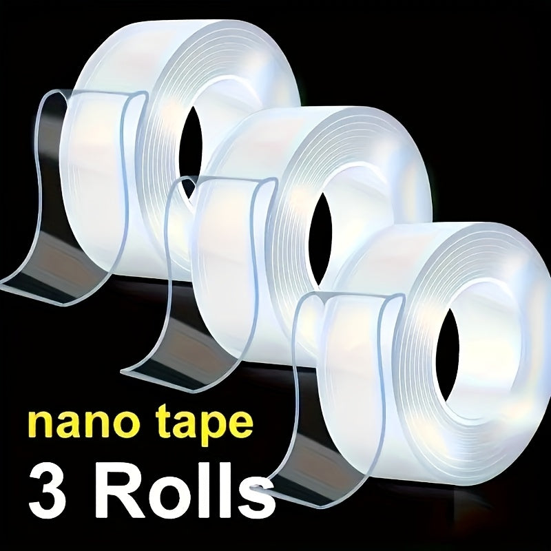 TEMU 3 Rolls Of Transparent Nano Double-sided Tape, Reusable And Traceless Tape, Removable And Washable, Suitable For Home, Office, Car Supplies, And