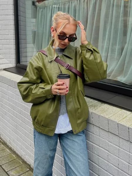 Vintage Green Womens Long Sleeve Pu Leather Lapel Jacket Fashion Solid Button Short Coat 2025 Chic Spring High Street Outerwear 250207