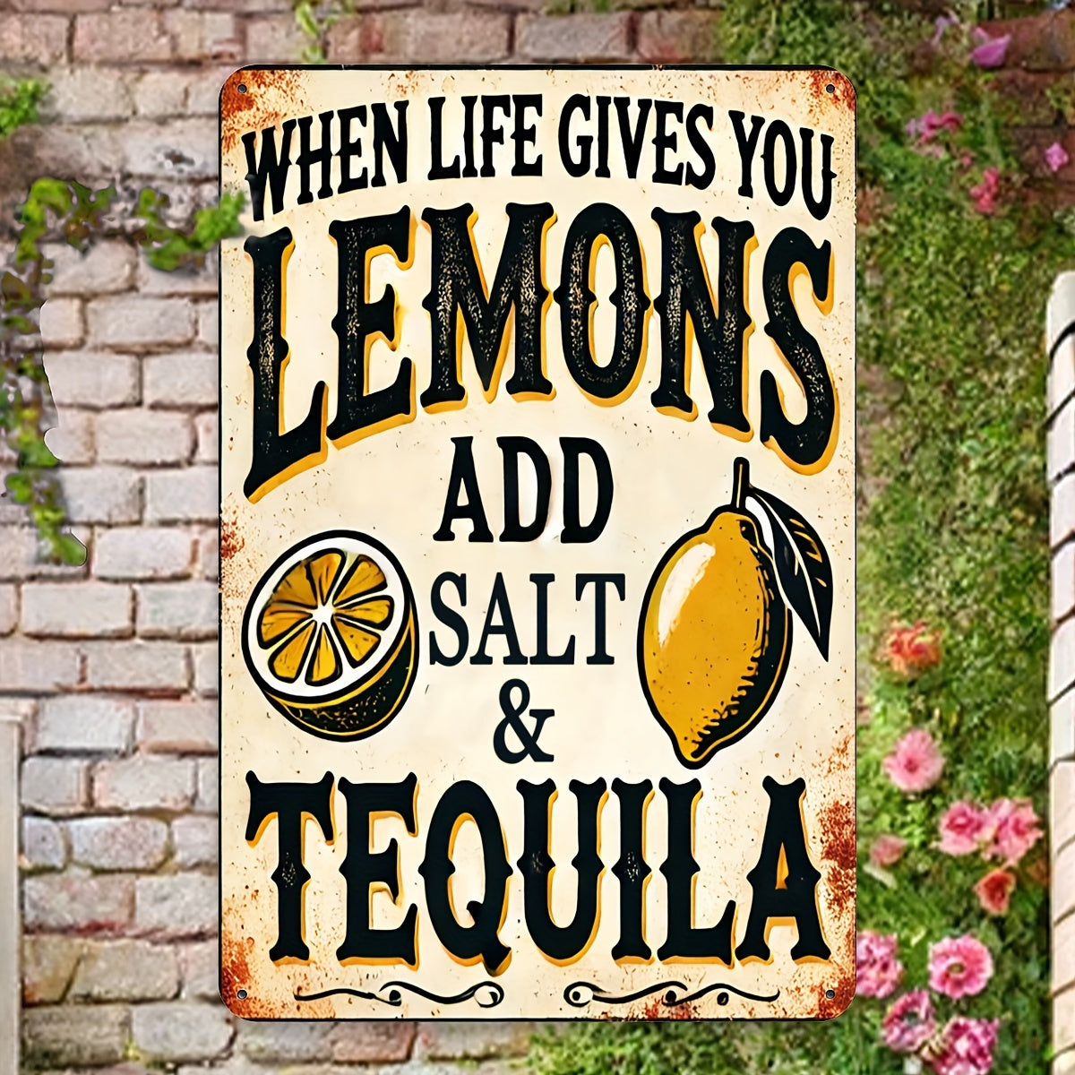 TEMU 2d Flat, 1pc Vintage " You Lemons Add Salt & Tequila" Metal Tin Sign - 12x8 Inch Humorous Wall Art With Pre-drilled Holes, Durable Iron Retro