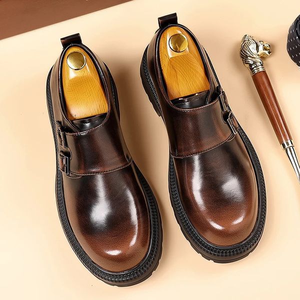 Retro Autumn Mens Polished Big Toe Leather Shoes Fashionable Buckle Comfortable Thick Soled Casual Shoes Mens Trendy Shoes 241206