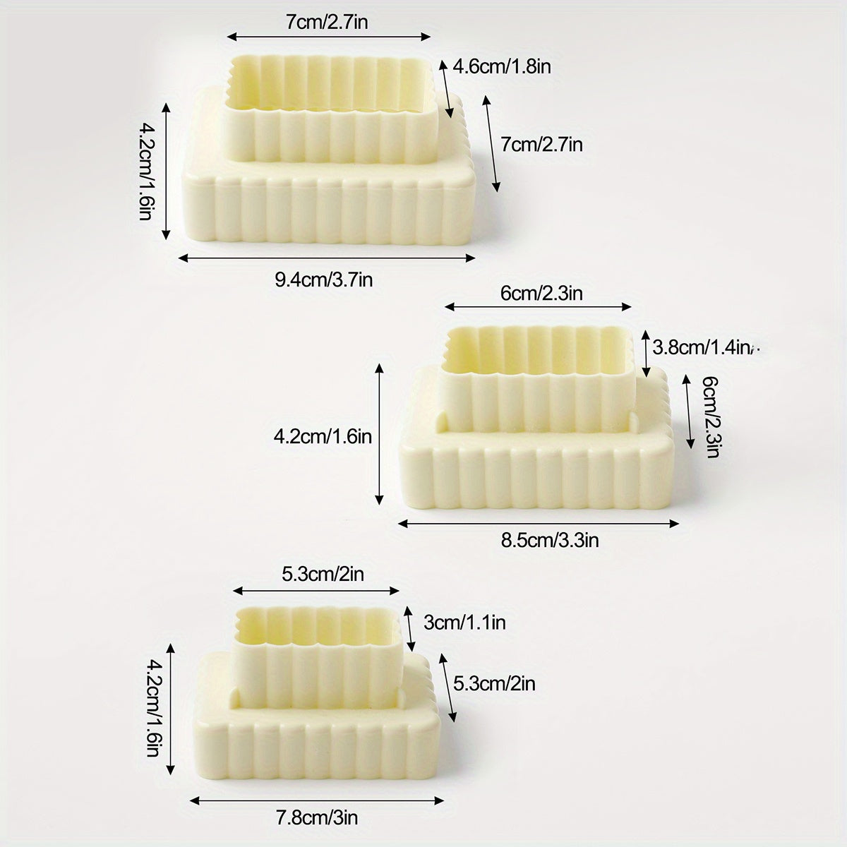 TEMU 3pcs Plastic Cookie Cuttermaterial: Ppsize:small: 7.8*5.3*4.2cm, 15.5gmedium: 8.5*6*4.2cm, 19glarge: 9.4*7*4.2cm, 22.5gweight: 57g