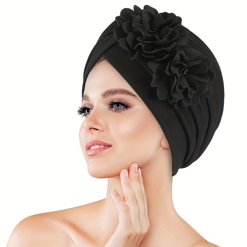 TEMU Trendy Flower Decor Turbans For Women Elegant Solid Color Head Wraps Elastic Beanies Hats Pleated Headscarf Ramadan Chemo