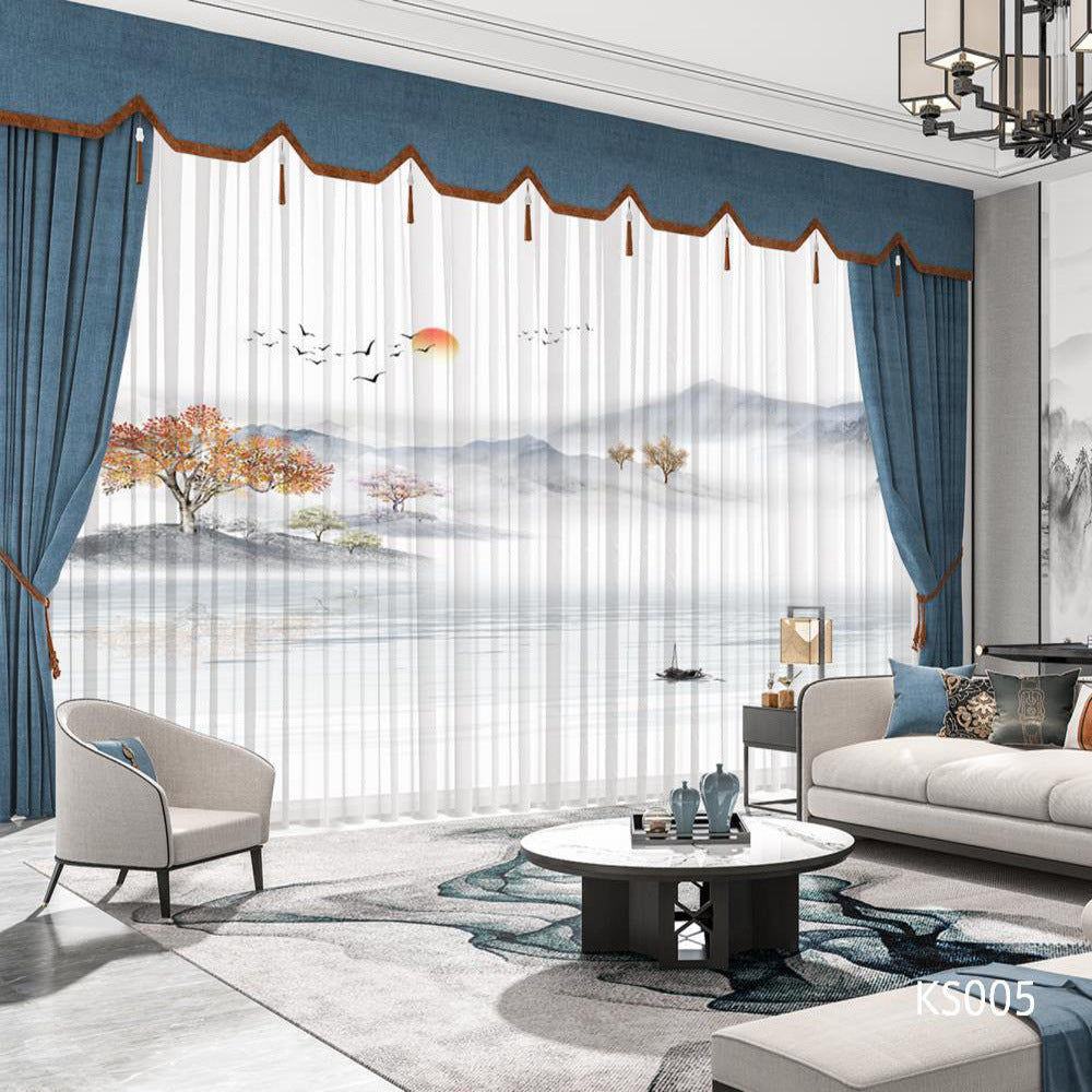 YL-36675 Modern New Chinese Style Ink Painting Landscape Living Room Study High-end Bedroom Famous Hotel Curtain Zen Gauze Curtain