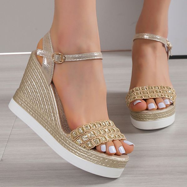 Sier Gold Glitters Wedge Sandals Women Buckle Strap Chunky Platform Sandles Woman Summer Non-Slip Thick Sole Sandalias Mujer 963a