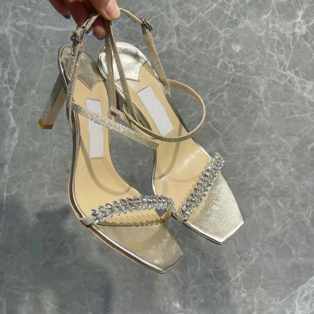 Perfect Nice MEIRA Sandals !! Platinum Ice Dusty Glitter Pumps with Leaf Crystal Strappy Women&#039;s High Heels Brands Party Dress Summer Sandalias