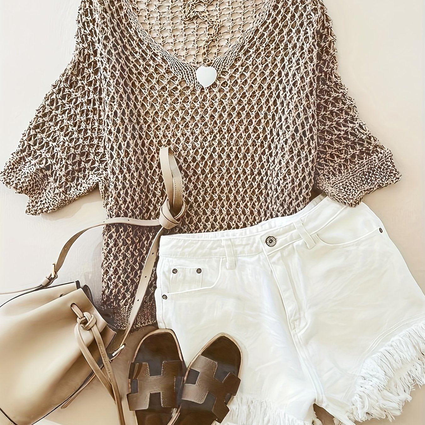 TEMU Women's Casual Green Crochet Lace Top With V-neck, Short Sleeves, And Shorts - Spring And Summer, Casual Attire| Top|crochet Texture