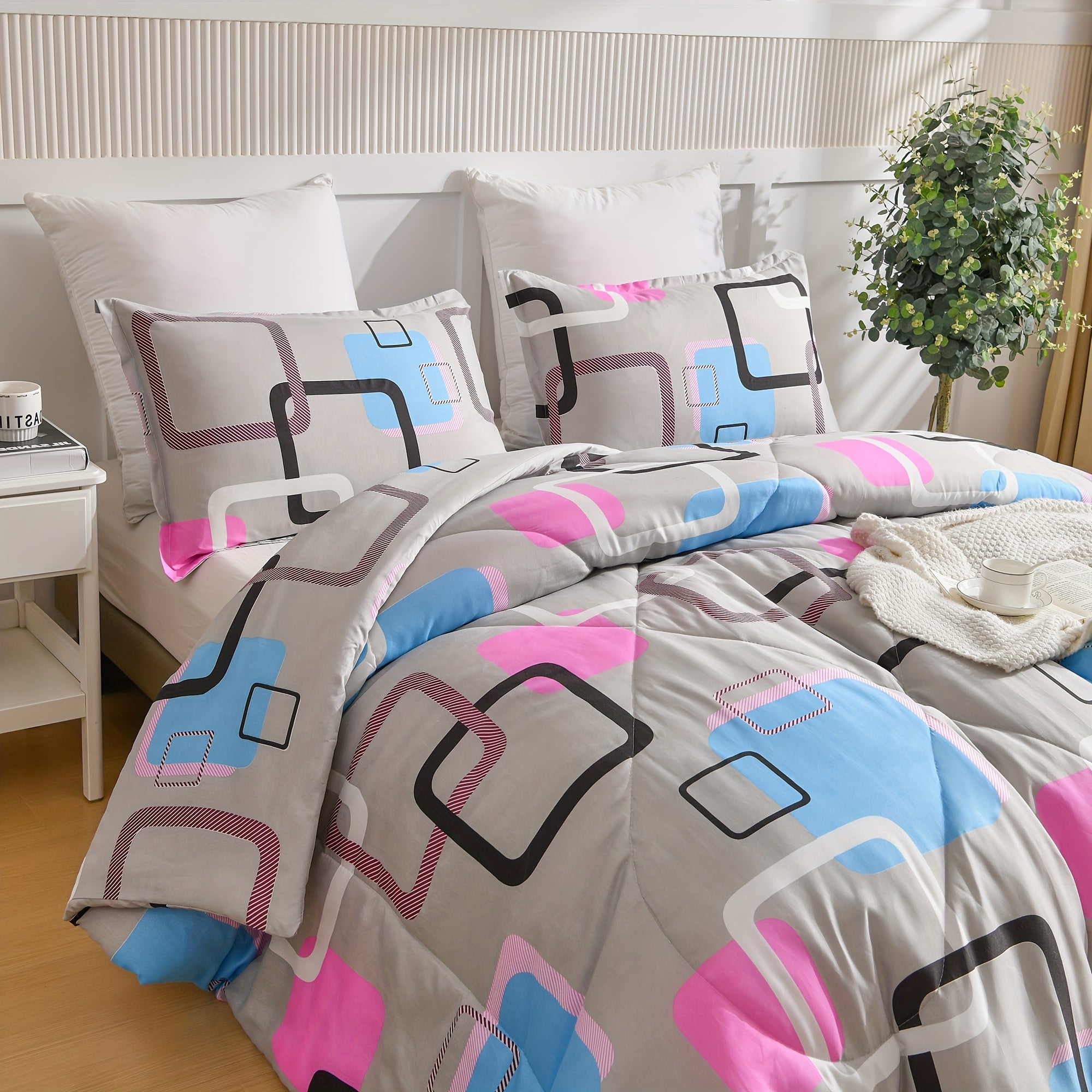 TEMU 2- 3pcs-geometric Comforter Set - Pink, Gray, Blue Squares | Includes 1 Comforter & 1-2 Pillowcases | Lightweight Microfiber Bedding For All