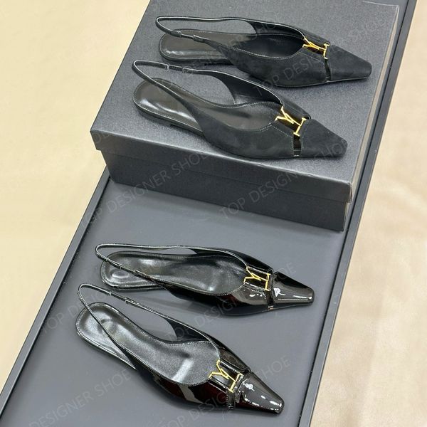 High quality Letter buckle Square-toe Patent leather suede slingbacks sandals Flat Heel Dress shoes Luxury designer flats shoes Office shoes