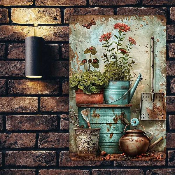 Garden Tools Potted Plant Metal Wall Decoration Weather resistant Iron Billboard Pre punched 8x12 inch Home Garden Decoration Y250113