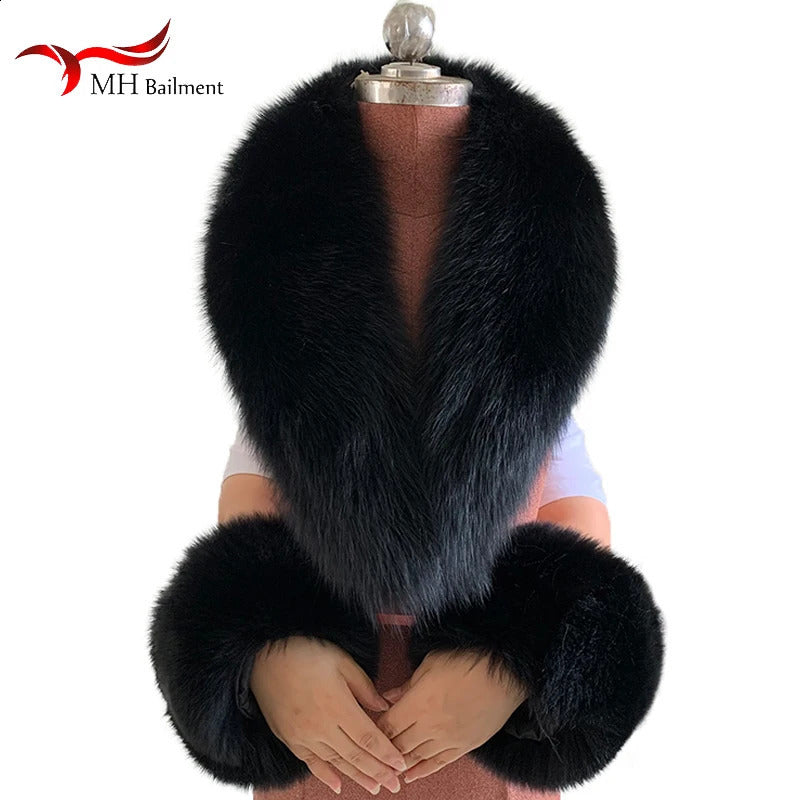 Womens Winter 100% Natural Fox Fur Scarf Jacket Fur Collar Scarf and Cuff Set Fox Fur Warm Collar 241119