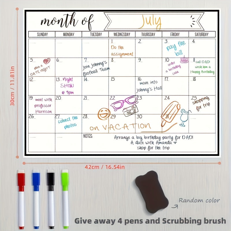 TEMU Magnetic Wiping Calendar Set, Daily To-do Board, Suitable For Refrigerator Magnet Calendar, Including 4 Pointed Marker Pens, Bone Powder Rubber