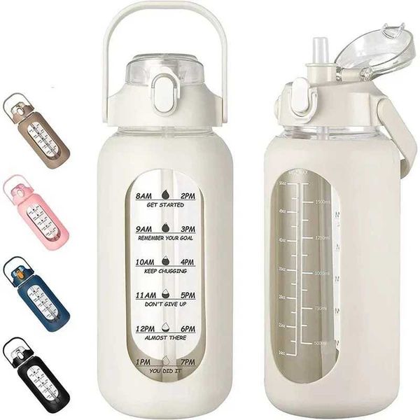 1000ML straw glass water bottle silicone Seve and time marked glass water bottle used for gym cameras home offices W241026