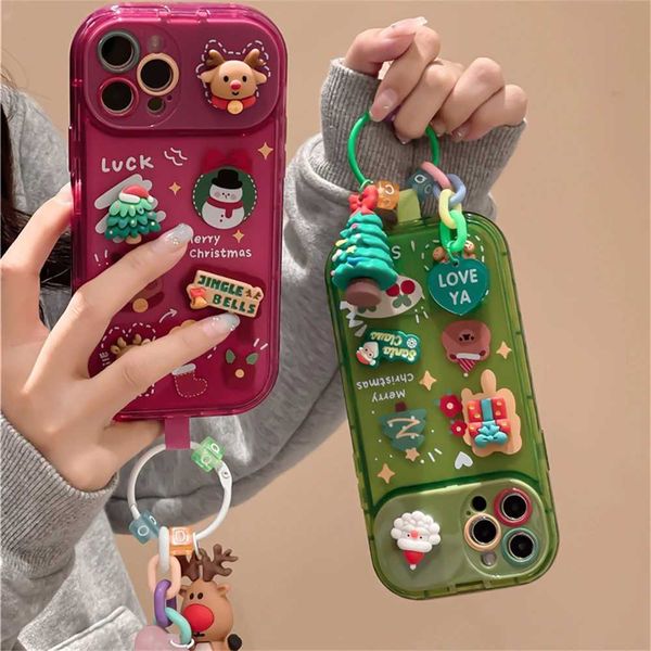 Korean Cute Cartoon Christmas Deer Pendant Box iPhone 15 14 13 11 Pro Max X XR Santa Claus Keychain Soft Shockproof Cover Y240928