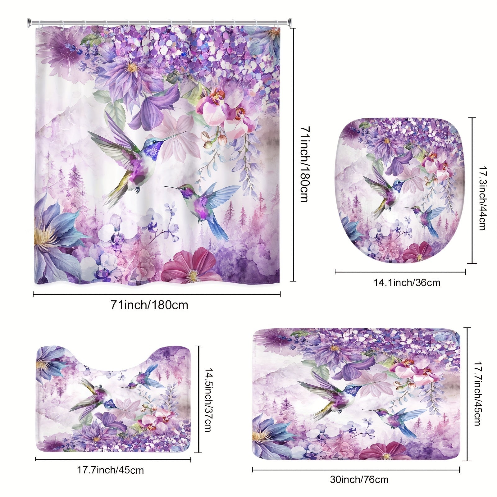 TEMU 4pcs - 2d Flat Purple Flower Hummingbird Shower Curtain Set, Shower Curtain With Hook, Non-slip Bathroom Floor Mat, Toilet U-shaped Mat, Toilet