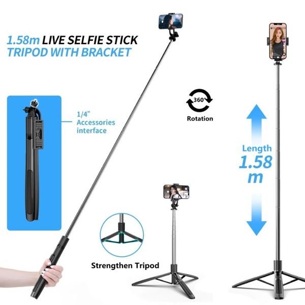 1580mm New Wireless Selfie Stick Tripod Foldable Monopod With Fill light For Gopro Action Cameras Smartphones Selfie