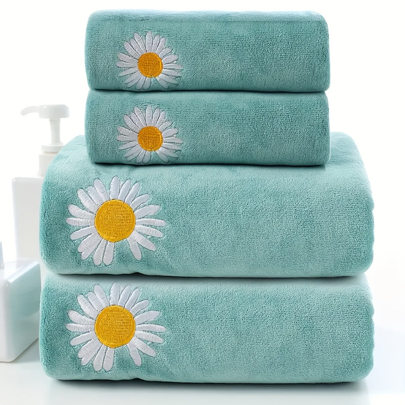 TEMU Daisy Embroidery Coral Fleece Towel Set, 4pcs - Includes 2 Bath Towels And 2 Bath Towels, Soft Absorbent 400gsm, Polyester 89.0%, Nylon 11.0%,