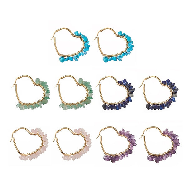 Natural & Synthetic Mixed Gemstone Chips Beaded Heart Hoop Earrings