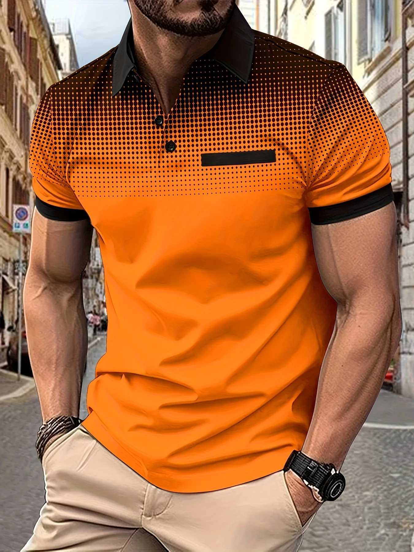 Mens Stylish Gradient Color Short Sleeve Shirt - Lapel Collar 1-4 Button Closure Simple Print Polo ShirtX240920