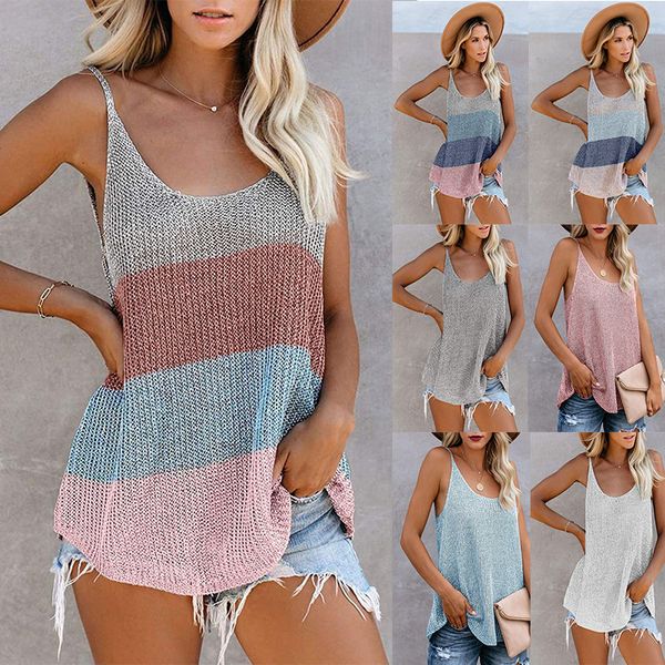 Summer 2024 Women&#039;s Tanks Knitted Tank Top Contrast Camis Round Neck Strap Knitted Woman Europe America