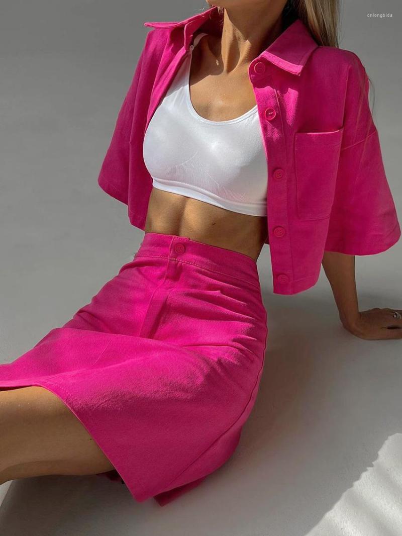 Work Dresses 2023 High Street 2 Pieces Skirts Sets Lapel Short Sleeve Shirts Outwear Summer Outfit Waist A-Line Mini Suits Women