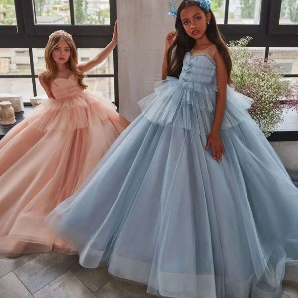 Customized Wer Girl For Weddings Ball Gown Scoop Tulle Tiered Blue Long First Communion Dresses Little Baby Kids