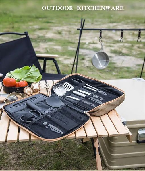 Outdoor Camping Kitchenware 8Piece Set Comes with A Full of Thickened Cookware Storage Kit Cutlery Supplies Tools 240220
