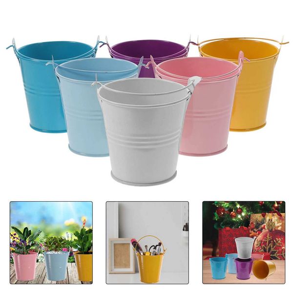 6 pieces with lid loose mini bucket childrens flower pot Easter basket handle tin plate juicy plants metal bowl Y250115