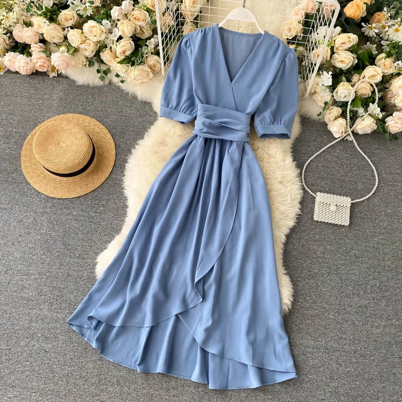 Women&#039;s Dress Spring New Temperament V-neck Solid Color Bubble Short-sleeved Irregular Ruffle Edge Lacing Dress Leisure Vestidos