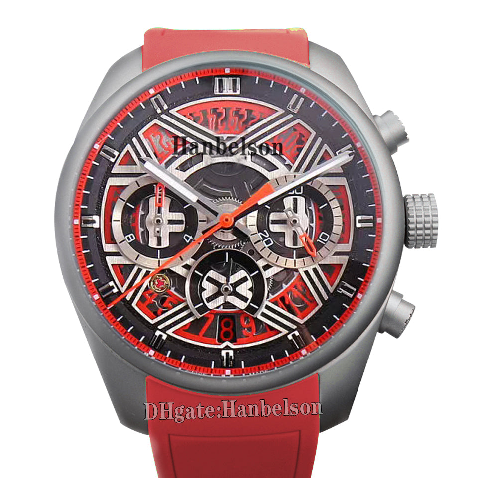 Mens watch Skeleton dial Quartz Chronograph Movement Red Sports Rubber Strap Wriswatch Battery 45mm All Steel Metal Strap Gift clock